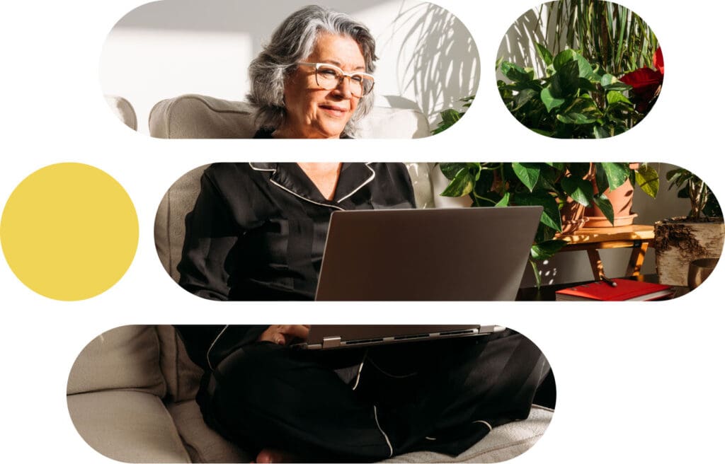 Older woman with glasses working on laptop, with a dot-dash mask pattern